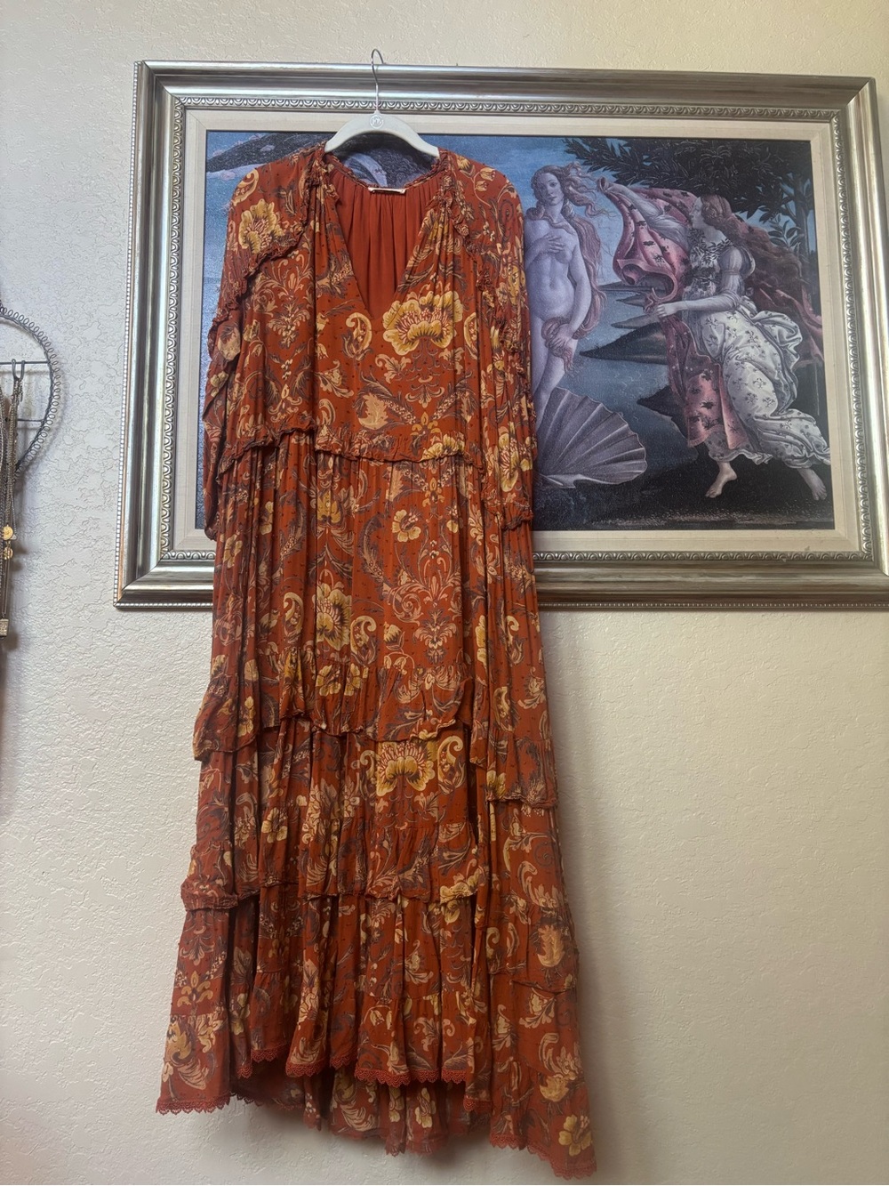 Aurora Boho Tiered Maxi Dress in Rust Floral